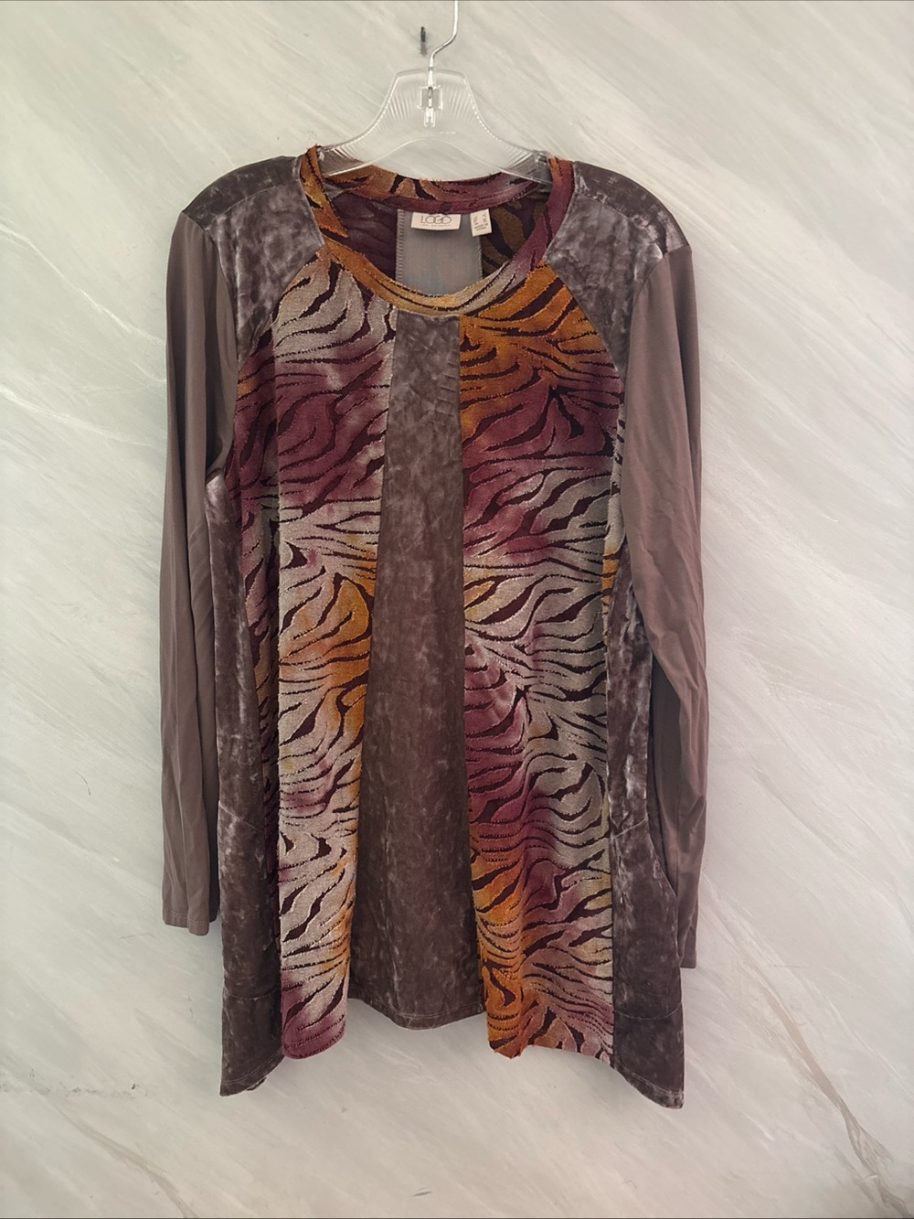 LOGO Lori Goldstein L Velvet Mixed Media Tunic Blouse Boho Artsy Burnout Indie